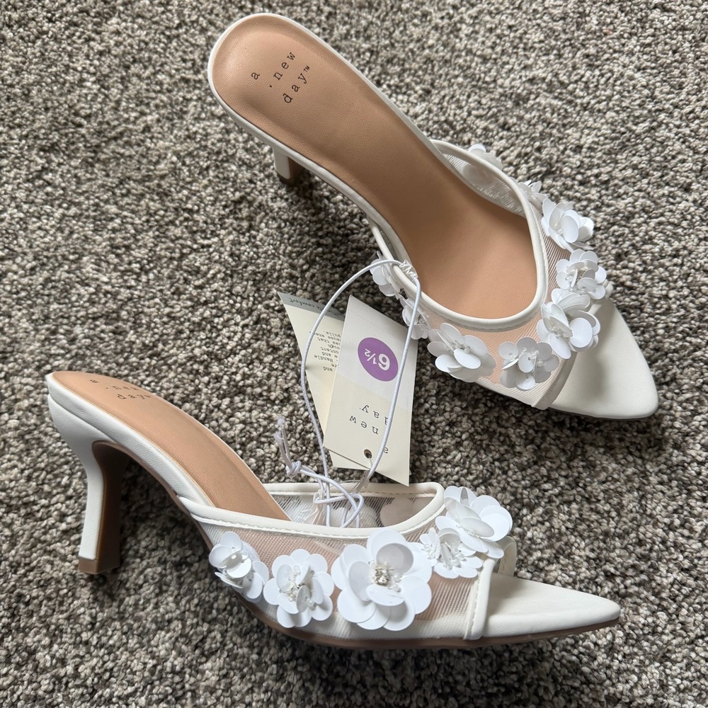 Lupita Mesh Rhinestone Peep Toe Mule Heels Memory Foam Insole - A New Day White - Picture 6 of 11